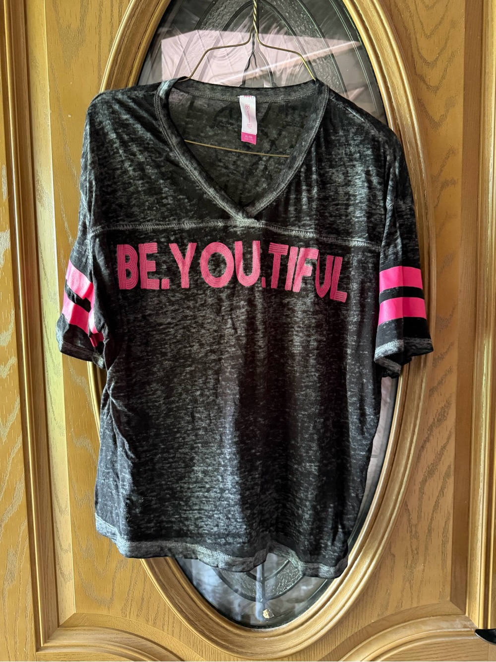 No Boundaries Charcoal V-Neck Tee with Hot Pink Graphic